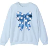 Blue Polka Dot Baseball Bow Sweatshirt, Cute Game Day Softball Ribbon Crewneck, Women's Sports Fan Pullover