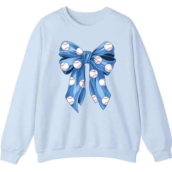 Blue Polka Dot Baseball Bow Sweatshirt, Cute Game Day Softball Ribbon Crewneck, Women's Sports Fan Pullover