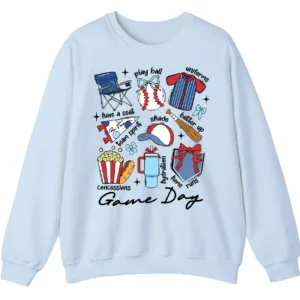 Game Day Essentials Baseball Collage Sweatshirt, Team Spirit Sports Uniform Crewneck, Popcorn Hot Dog Hydration Pullover