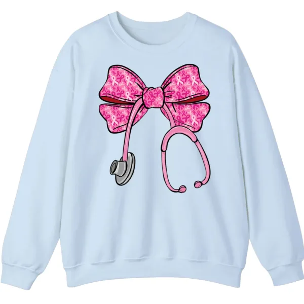 Pink Ribbon Nurse Stethoscope Bow Breast Cancer Crewneck Sweatshirt