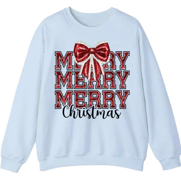 Merry Merry Merry Christmas Bow Sweatshirt – Cute Holiday Crewneck for Women