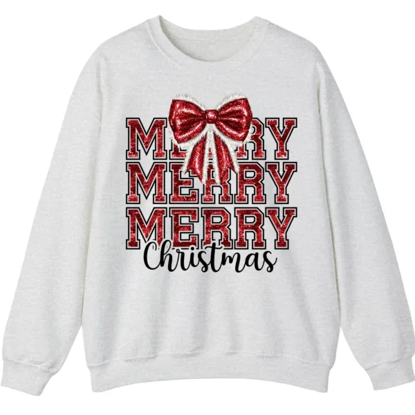 Merry Merry Merry Christmas Bow Sweatshirt – Cute Holiday Crewneck for Women