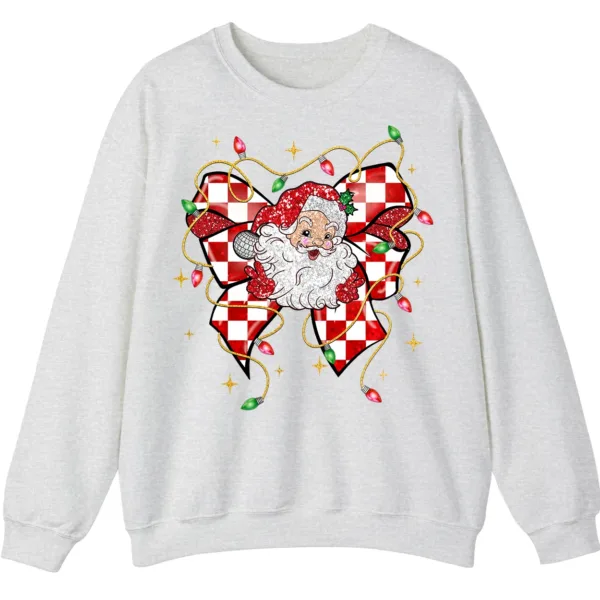 5.4 Retro Santa Bow Sweatshirt – Christmas Checkerboard Holiday Crewneck