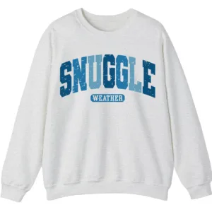 Snuggle Weather Sweatshirt, Unisex Oversized Cream Crewneck, Vintage Distressed Blue Graphic Cozy Pullover