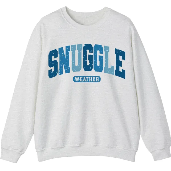 Snuggle Weather Sweatshirt, Unisex Oversized Cream Crewneck, Vintage Distressed Blue Graphic Cozy Pullover