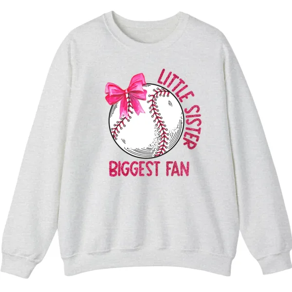 5.4 Little Sister Biggest Fan Baseball Softball Sweatshirt, Pink Bow Game Day Crewneck, Sibling Sports Support Gift Pullover
