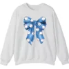 Blue Polka Dot Baseball Bow Sweatshirt, Cute Game Day Softball Ribbon Crewneck, Women's Sports Fan Pullover