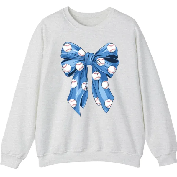 Blue Polka Dot Baseball Bow Sweatshirt, Cute Game Day Softball Ribbon Crewneck, Women's Sports Fan Pullover