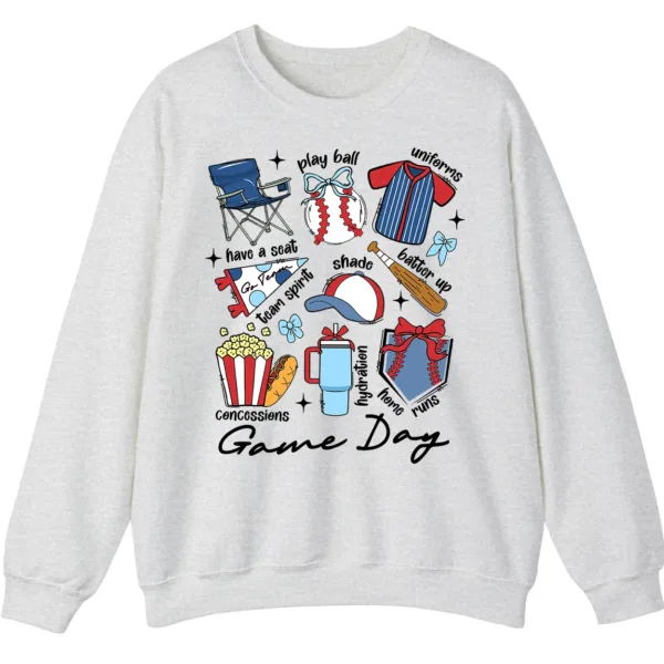 Game Day Essentials Baseball Collage Sweatshirt, Team Spirit Sports Uniform Crewneck, Popcorn Hot Dog Hydration Pullover