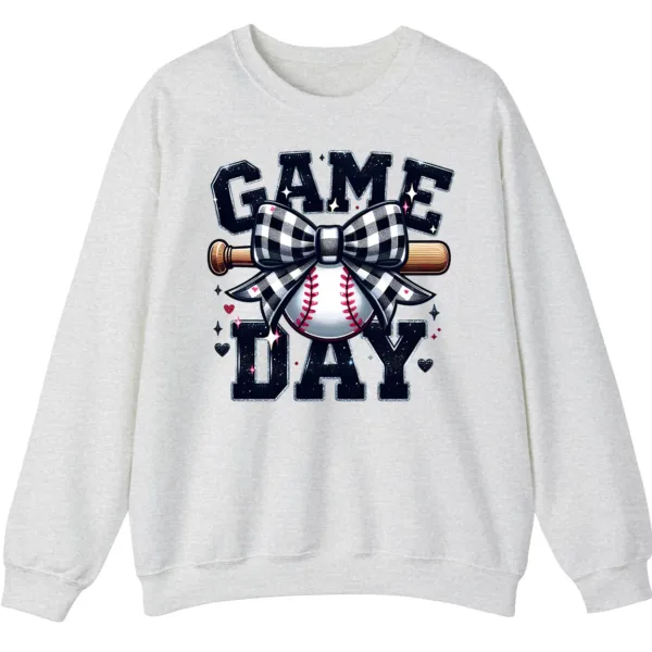 Game Day Plaid Bow Baseball Sweatshirt, Black White Checkered Ribbon Crewneck, Sports Lover Vintage Pullover
