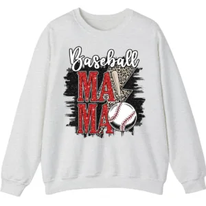 5.4 Baseball Mama Red Glitter Leopard Lightning Sweatshirt, Game Day Sports Mom Pullover, Distressed Grunge Design Crewneck