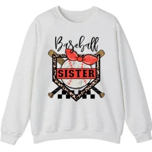 5.4 Baseball Sister Leopard Print Checkered Sweatshirt, Red Bow Game Day Sibling Pullover, Cute Softball Fan Gift
