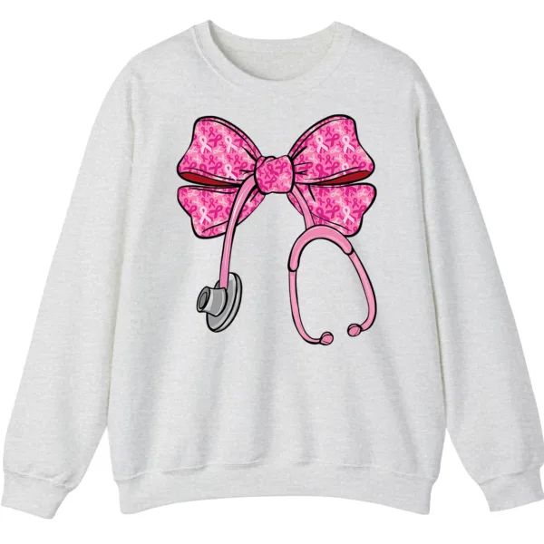 Pink Ribbon Nurse Stethoscope Bow Breast Cancer Crewneck Sweatshirt