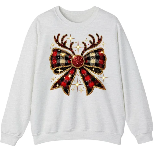 Glitter Plaid Bow Reindeer Antlers Sweatshirt, Sparkling Christmas Gift for Her