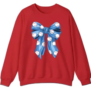 5.5 Blue Polka Dot Baseball Bow Sweatshirt, Cute Game Day Softball Ribbon Crewneck, Women's Sports Fan Pullover