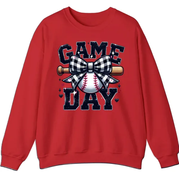 Game Day Plaid Bow Baseball Sweatshirt, Black White Checkered Ribbon Crewneck, Sports Lover Vintage Pullover
