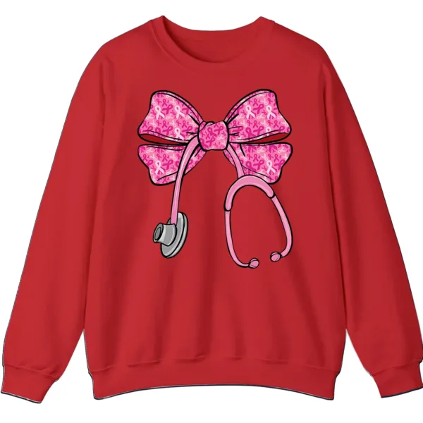 Pink Ribbon Nurse Stethoscope Bow Breast Cancer Crewneck Sweatshirt