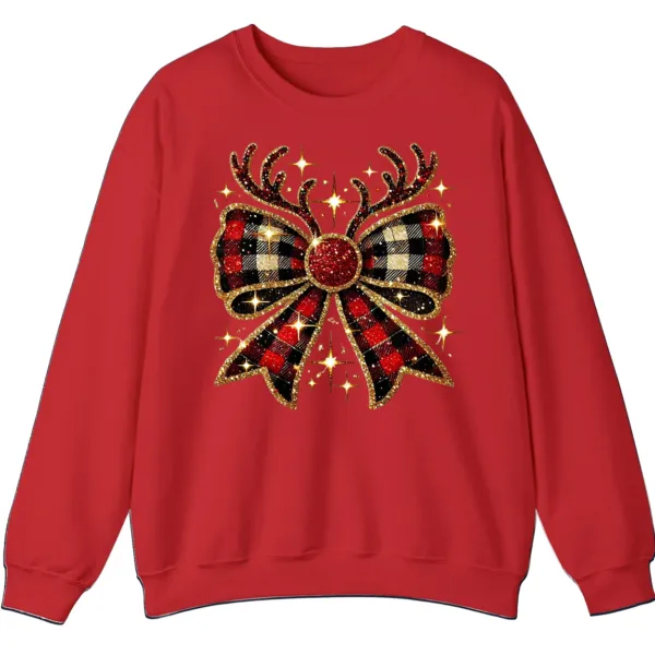 Glitter Plaid Bow Reindeer Antlers Sweatshirt, Sparkling Christmas Gift for Her