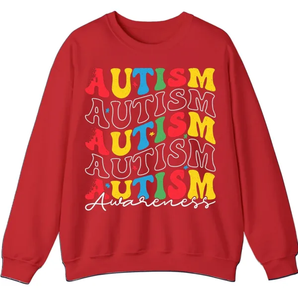 5.5 Retro Stacked Autism Awareness Sweatshirt, Colorful Repeated Text Crewneck