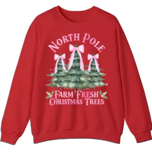 5.5 Women's Pink Bow Watercolor Christmas Tree Sweatshirt from the North Pole Farm Fresh Christmas Trees