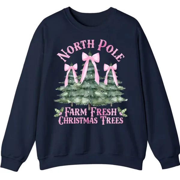 5.6 Women's Pink Bow Watercolor Christmas Tree Sweatshirt from the North Pole Farm Fresh Christmas Trees
