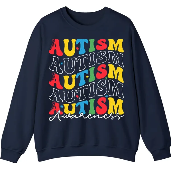 5.6 Retro Stacked Autism Awareness Sweatshirt, Colorful Repeated Text Crewneck