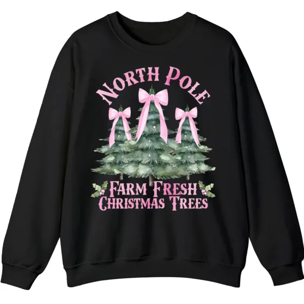 5.7 Women's Pink Bow Watercolor Christmas Tree Sweatshirt from the North Pole Farm Fresh Christmas Trees