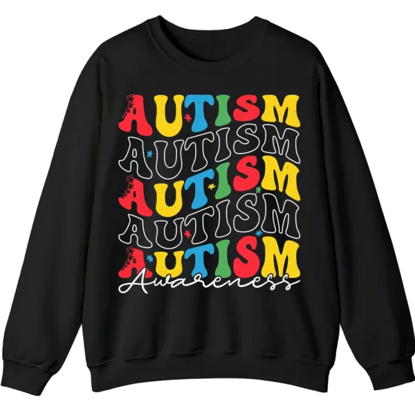 5.7 Retro Stacked Autism Awareness Sweatshirt, Colorful Repeated Text Crewneck