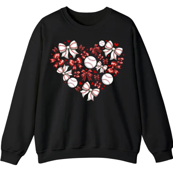 Baseball Heart Sweatshirt, Sports Lover Gift, Cute Game Day Bows Crewneck, Women's Softball Mom Pullover