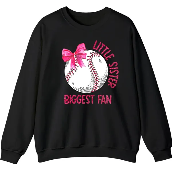 5.7 Little Sister Biggest Fan Baseball Softball Sweatshirt, Pink Bow Game Day Crewneck, Sibling Sports Support Gift Pullover