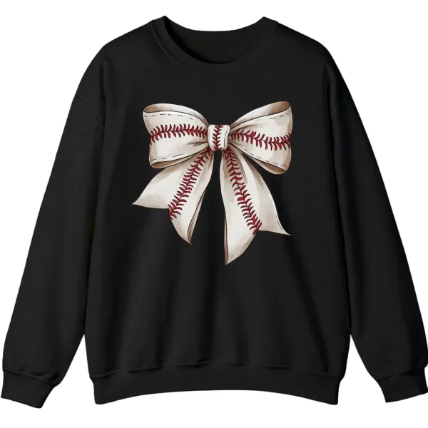 Softball Baseball Stitches Bow Sweatshirt, Game Day Ribbon Crewneck, Sports Mom Cute Pullover, Women's Fan Gift