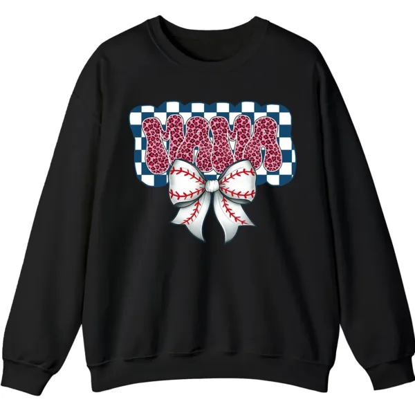 Leopard Print Mama Baseball Bow Sweatshirt, Checkered Game Day Crewneck, Pink Cheetah Softball Mom Pullover