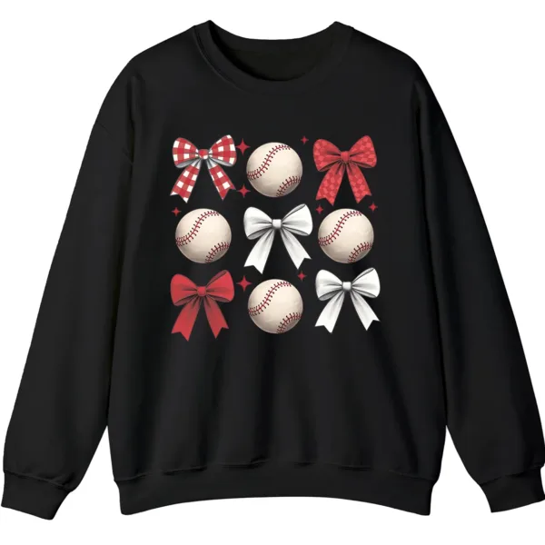 Baseball Bows Red White Grid Sweatshirt, Plaid Ribbon and Balls Crewneck, Cute Sports Mom Game Day Pullover, Softball Lover Gift