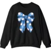 Blue Polka Dot Baseball Bow Sweatshirt, Cute Game Day Softball Ribbon Crewneck, Women's Sports Fan Pullover