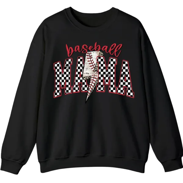 Baseball Mama Lightning Bolt Sweatshirt, Checkered Game Day Crewneck, Distressed Sports Mom Pullover, Red Glitter Leopard Print Gift