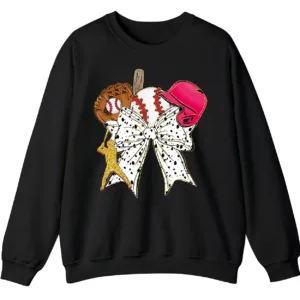 Feminine Glitter Baseball Bow Crewneck Sweatshirt Pink