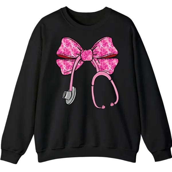 Pink Ribbon Nurse Stethoscope Bow Breast Cancer Crewneck Sweatshirt