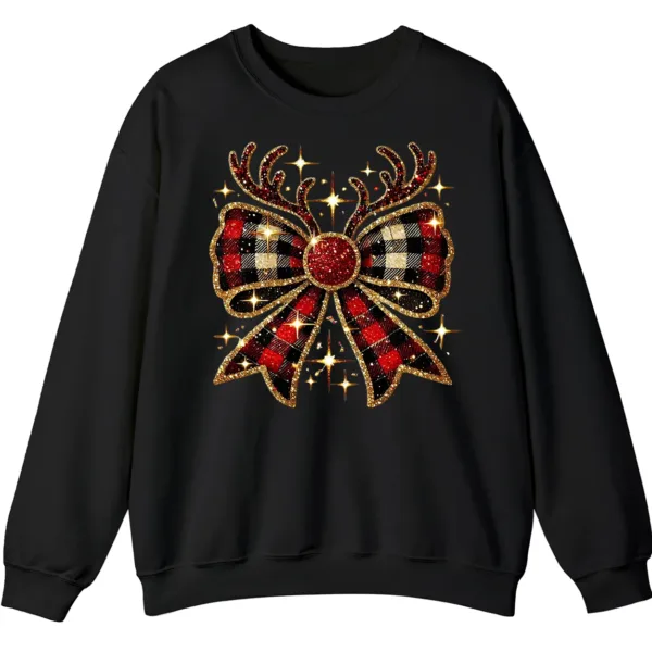 Glitter Plaid Bow Reindeer Antlers Sweatshirt, Sparkling Christmas Gift for Her