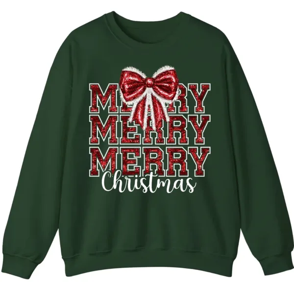 Merry Merry Merry Christmas Bow Sweatshirt – Cute Holiday Crewneck for Women