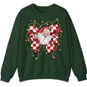 Retro Santa Bow Sweatshirt – Christmas Checkerboard Holiday Crewneck