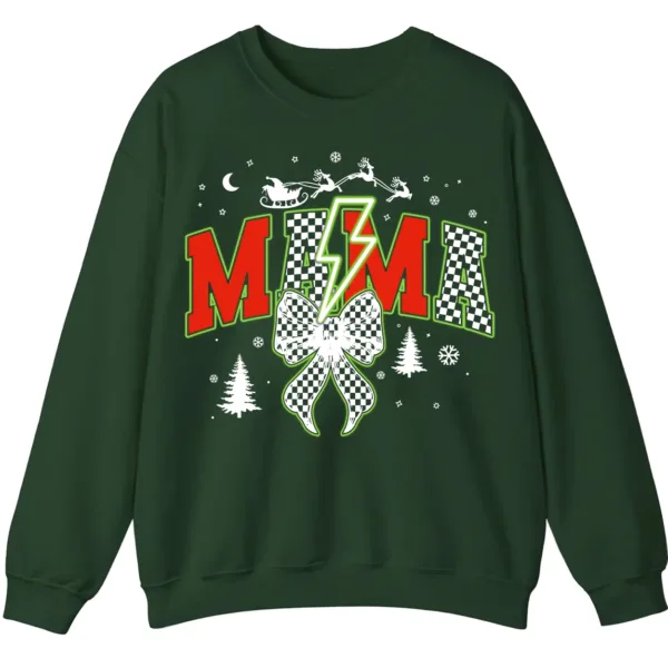 5.8 Checkered Mama Christmas Sweatshirt with Lightning Bolt & Reindeer Sleigh