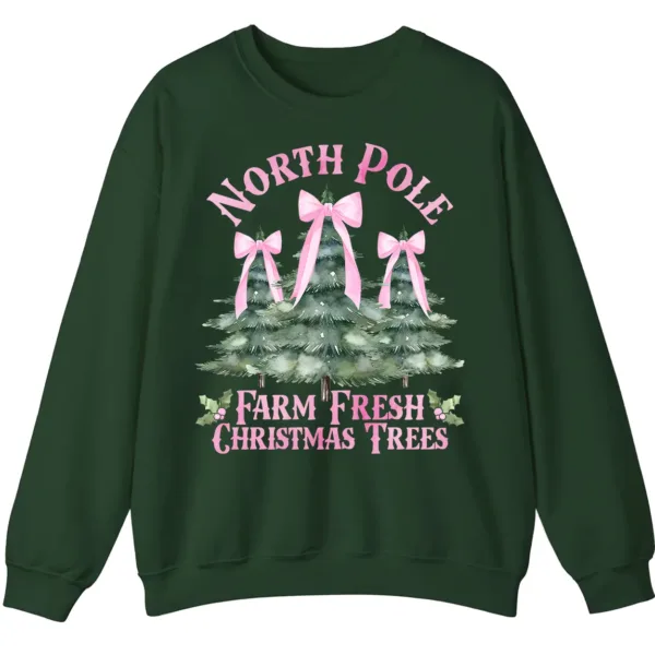 5.8 Women's Pink Bow Watercolor Christmas Tree Sweatshirt from the North Pole Farm Fresh Christmas Trees