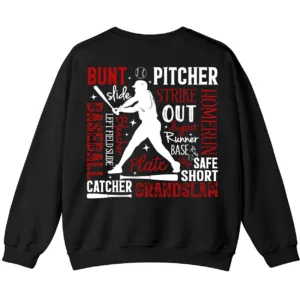 6.5 Baseball Terms Word Cloud Sweatshirt, Player Game Day Pullover, Grand Slam Pitcher Catcher Fan Crewneck