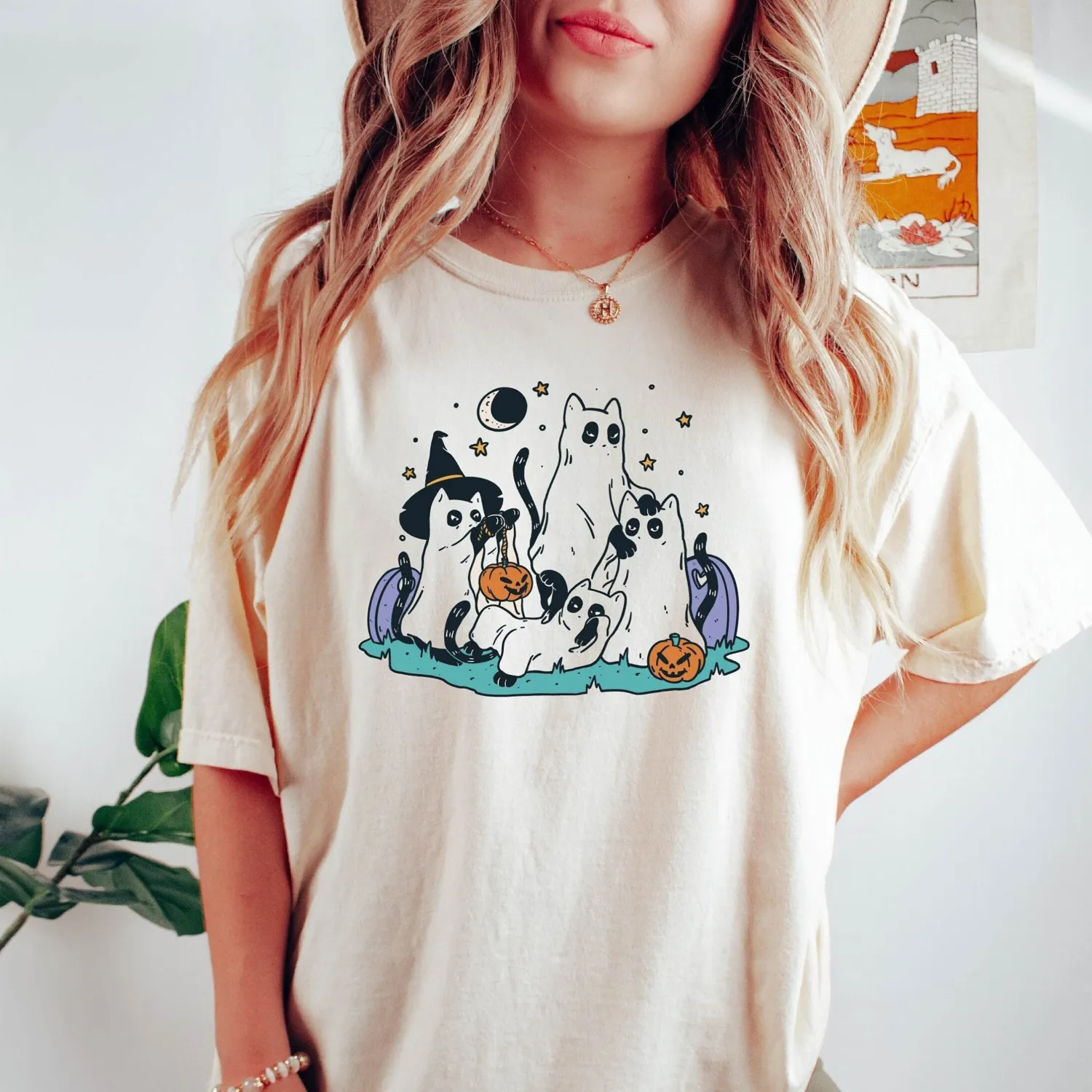 Spooky Cat Ghost & Pumpkin Halloween T-Shirt