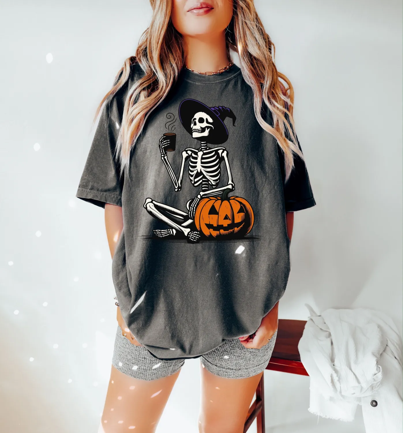 Skeleton Pumpkin Coffee Halloween T-Shirt