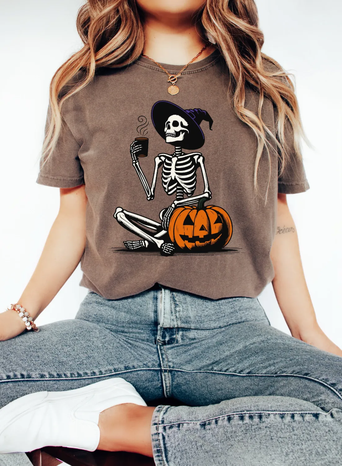 Skeleton Pumpkin Coffee Halloween T-Shirt