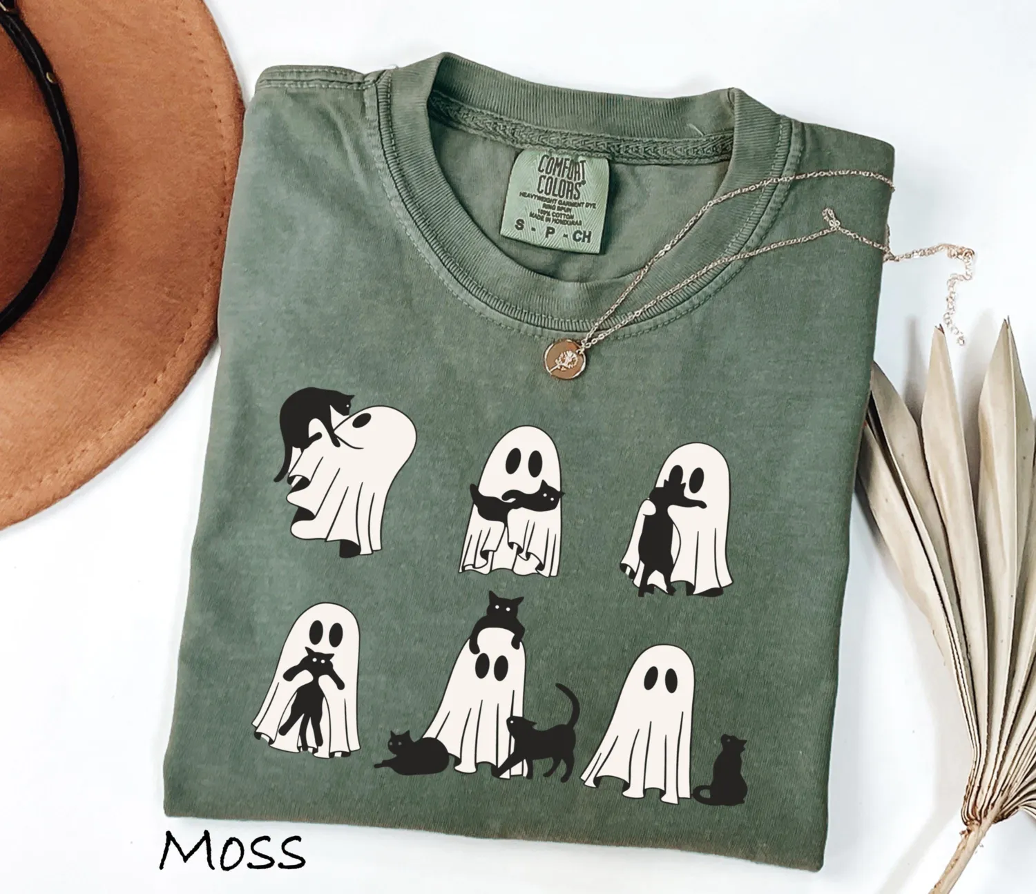 Cute Black Cat & Ghost Halloween T-Shirt