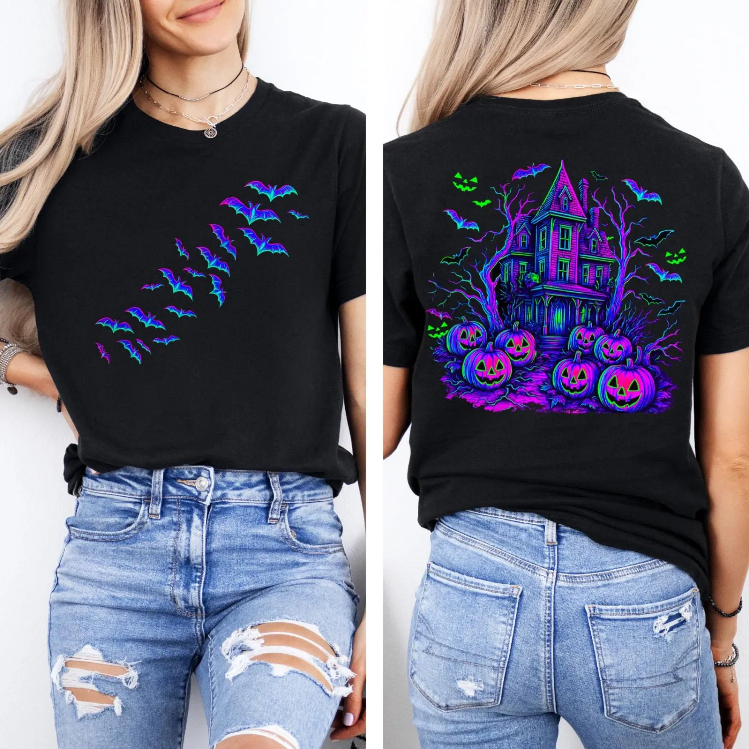 Retro Flying Bats Haunted House Halloween T-Shirt