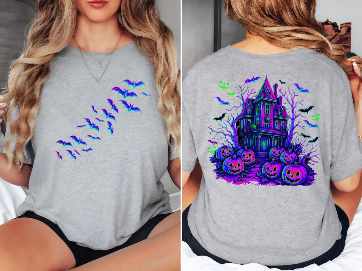 Retro Flying Bats Haunted House Halloween T-Shirt Retro Flying Bats Haunted House Halloween T-Shirt