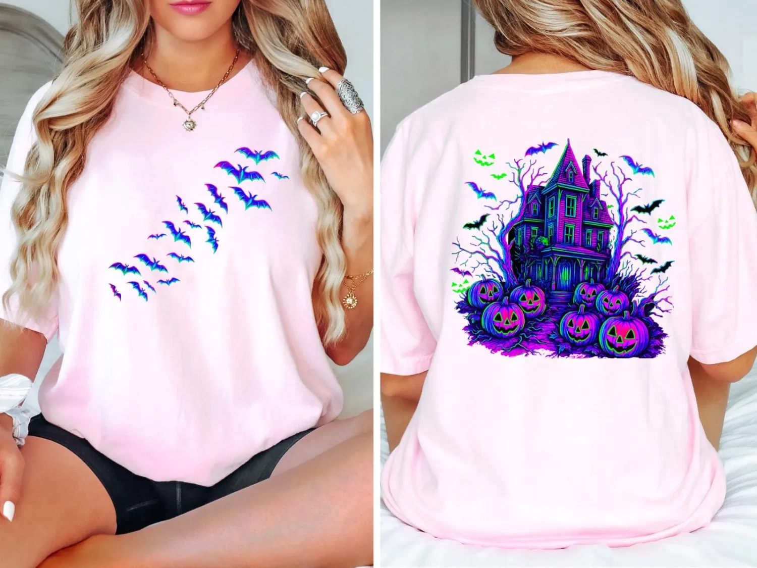 Retro Flying Bats Haunted House Halloween T-Shirt Retro Flying Bats Haunted House Halloween T-Shirt